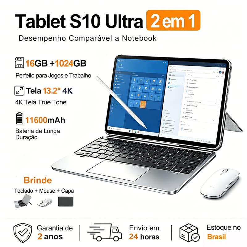Tablet 2 em 1 Mate S10 Ultra Windows Android | 16GB+1TB | Tela 13.2" 120Hz | 5G Dual Chip | Bateria 11600mAh