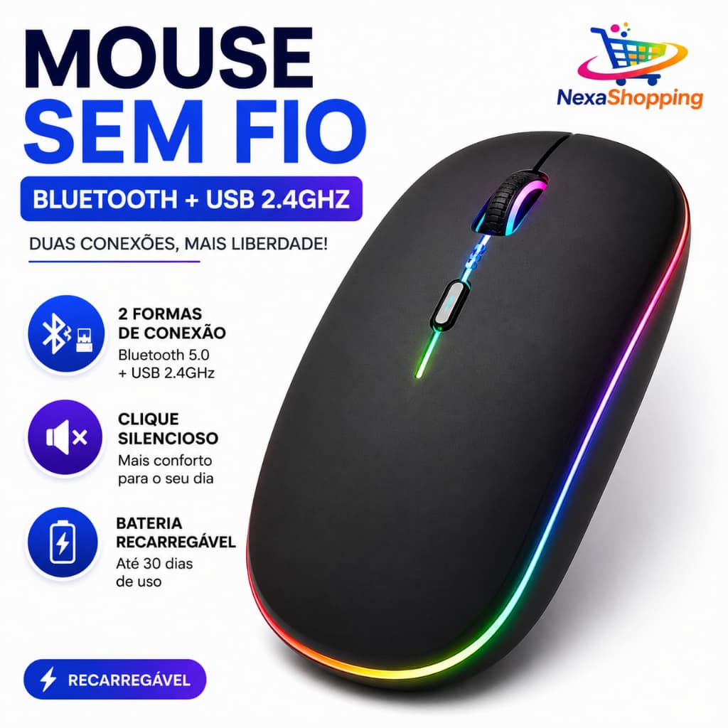 Mouse Sem Fio Bluetooth Recarregável RGB USB 2.4GHz Ergonômico para Notebook e PC