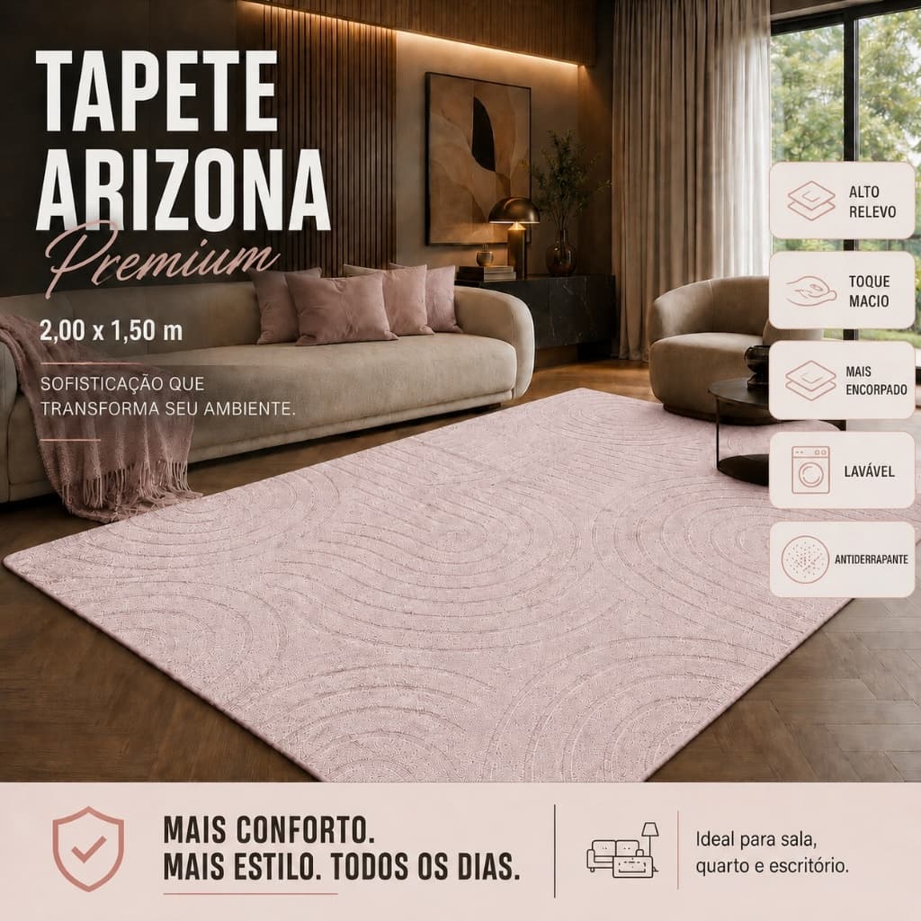 Tapete Premium Rosa Claro 2,00x1,50 Sala Quarto Escritório Alto Relevo Macio Antiderrapante