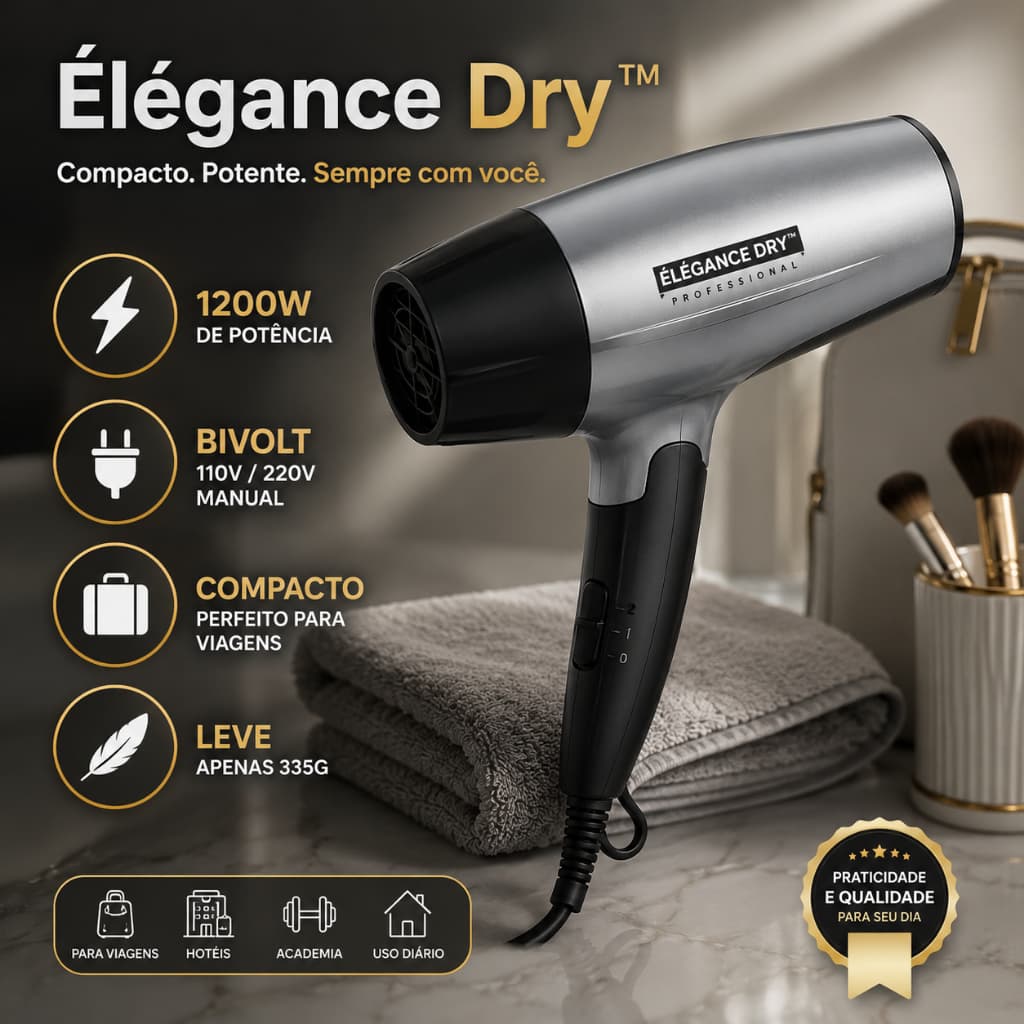 Mini Secador de Cabelo Portatil Bivolt 1200W Compacto 2 Velocidades Viagem Leve Dobrável Cinza Profissional