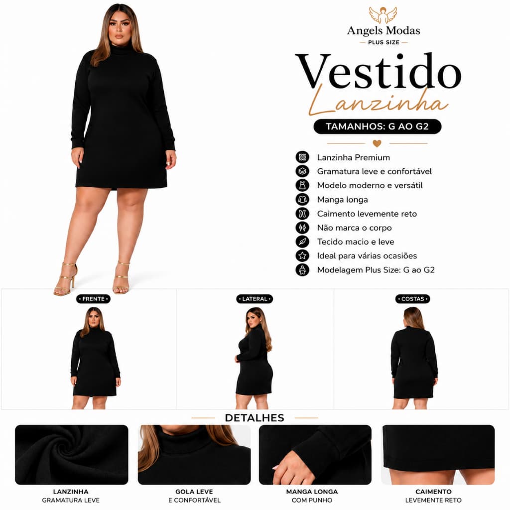 Vestido Feminino Plus Size  Inverno Gola Alta Manga Longa Lãzinha Confortável do G ao G2