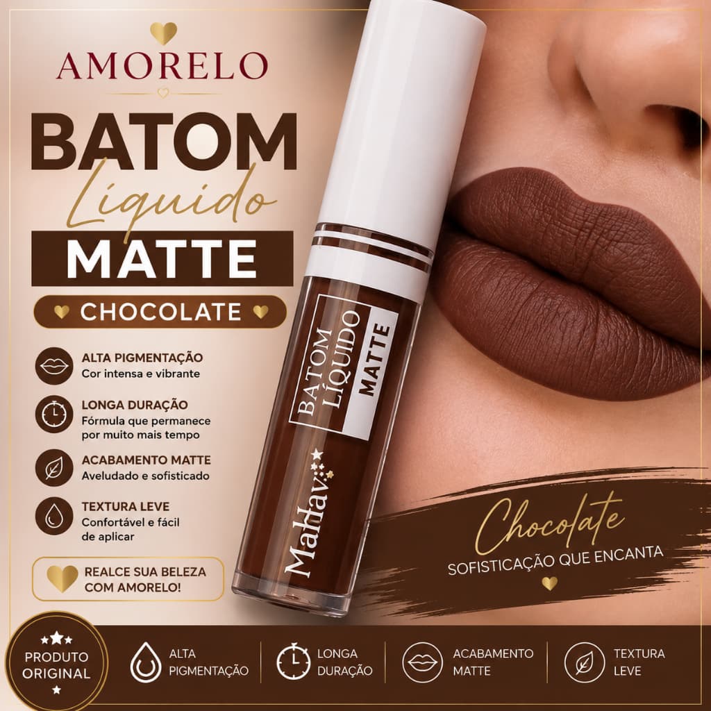 Batom Líquido Matte Mahav Chocolate Alta Pigmentação Longa Duração Original