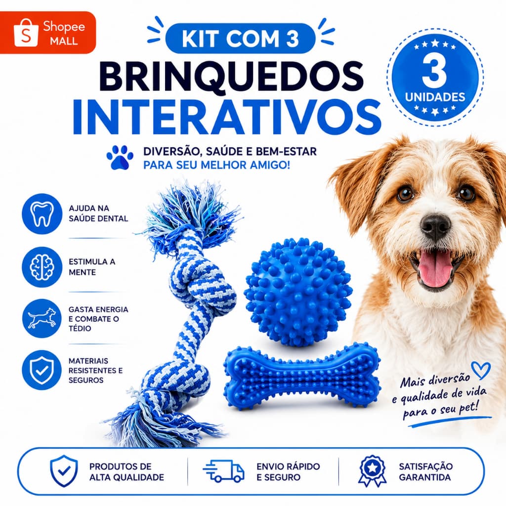 Brinquedos para Cachorro Kit 3 ITENS Completo | Corda de Algodão Resistente + Bola + Mordedor Texturizado