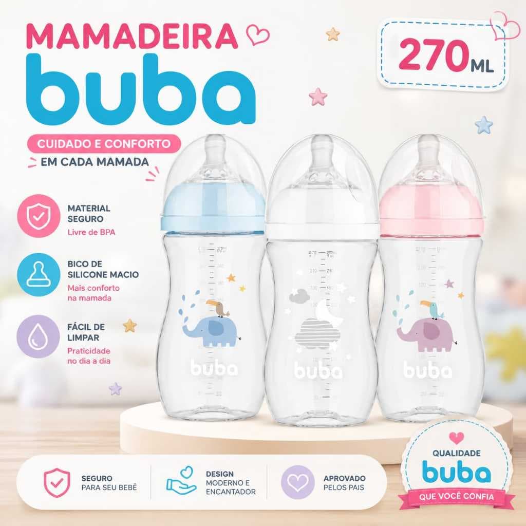 Mamadeira Buba Mamadeira Bebe 270 ml Bico Silicone Sistema Anticolica Vedação Segura Mamadeira Bebe