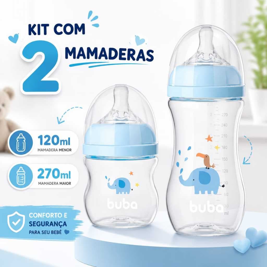 Kit 2 Mamadeiras 120 Ml E 270 Ml Bico De Silicone Sistema Anticólicas Evita Gases Mamadeira Buba Para Bebes