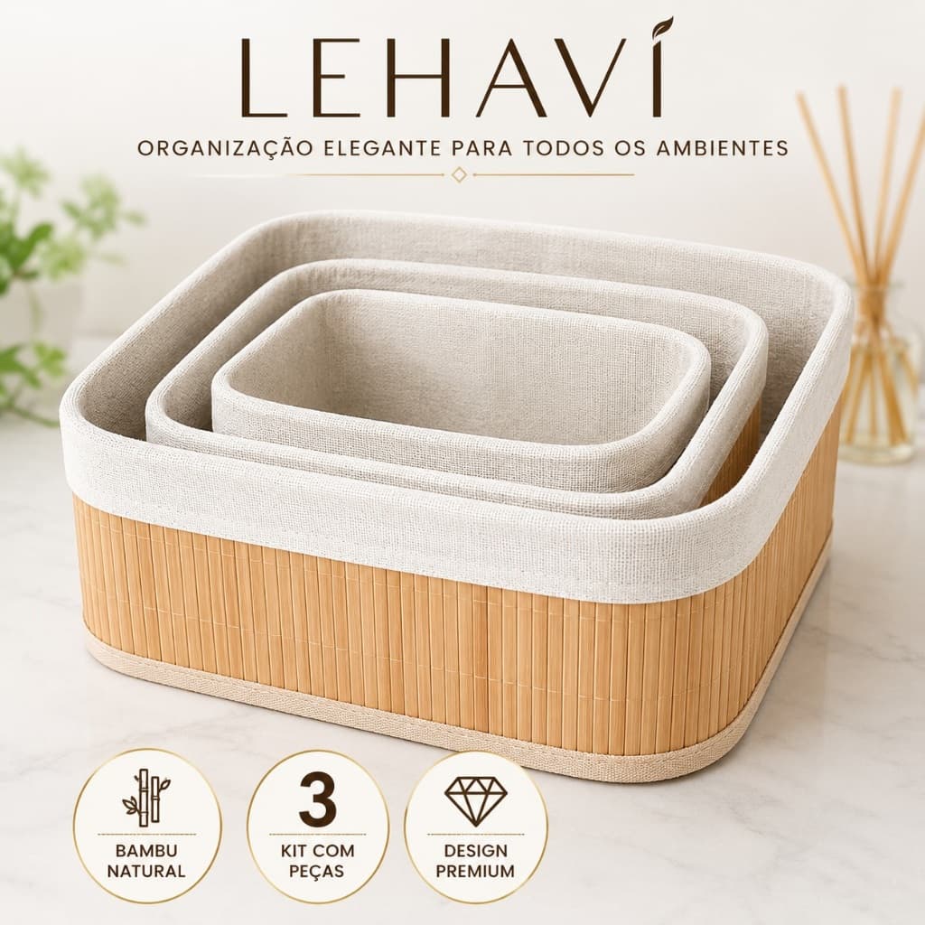Kit 3 Cestos Organizadores de Bambu Multiuso Organizador Cesto de Banheiro Cozinha Quarto Lavanderia Palha Lehavi