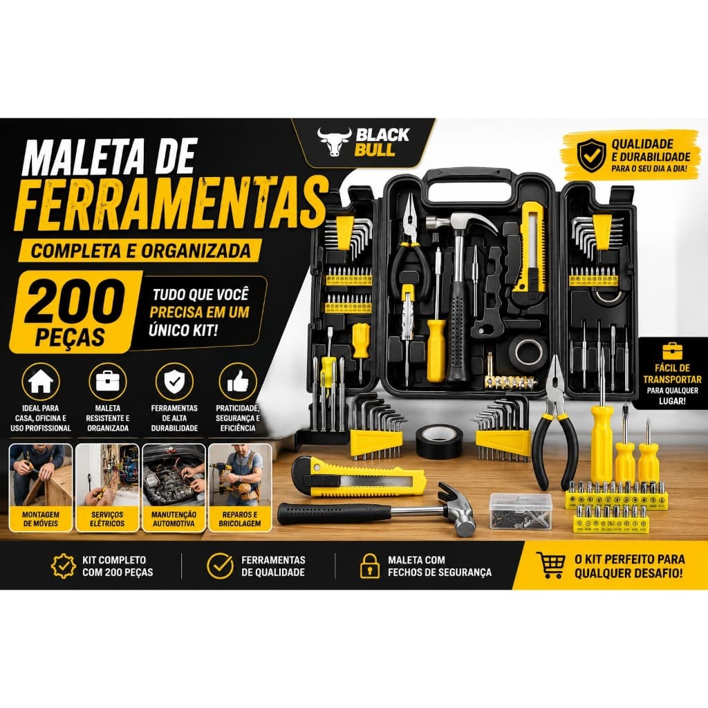 Maleta de Ferramentas 200 Peças Black Bull Kit Profissional Completo para Reparo, Manutenção e Construção