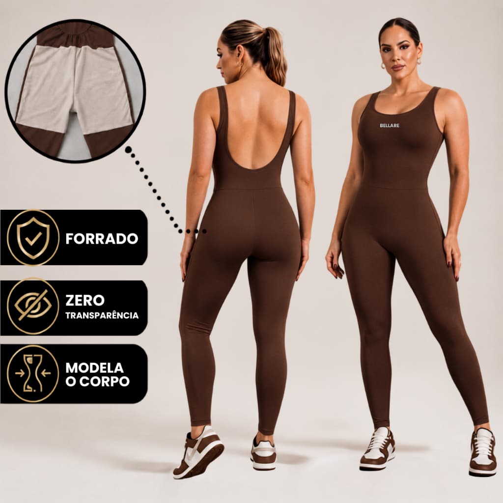 Macacão Fitness Forrado Feminino Longo Roupa de Academia com Costas Abertas Zero Transparência