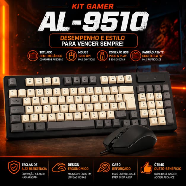 Kit Gamer Teclado e Mouse Semi Mecânico USB ABNT2 1200 DPI Altomex AL-9510 Plug Play