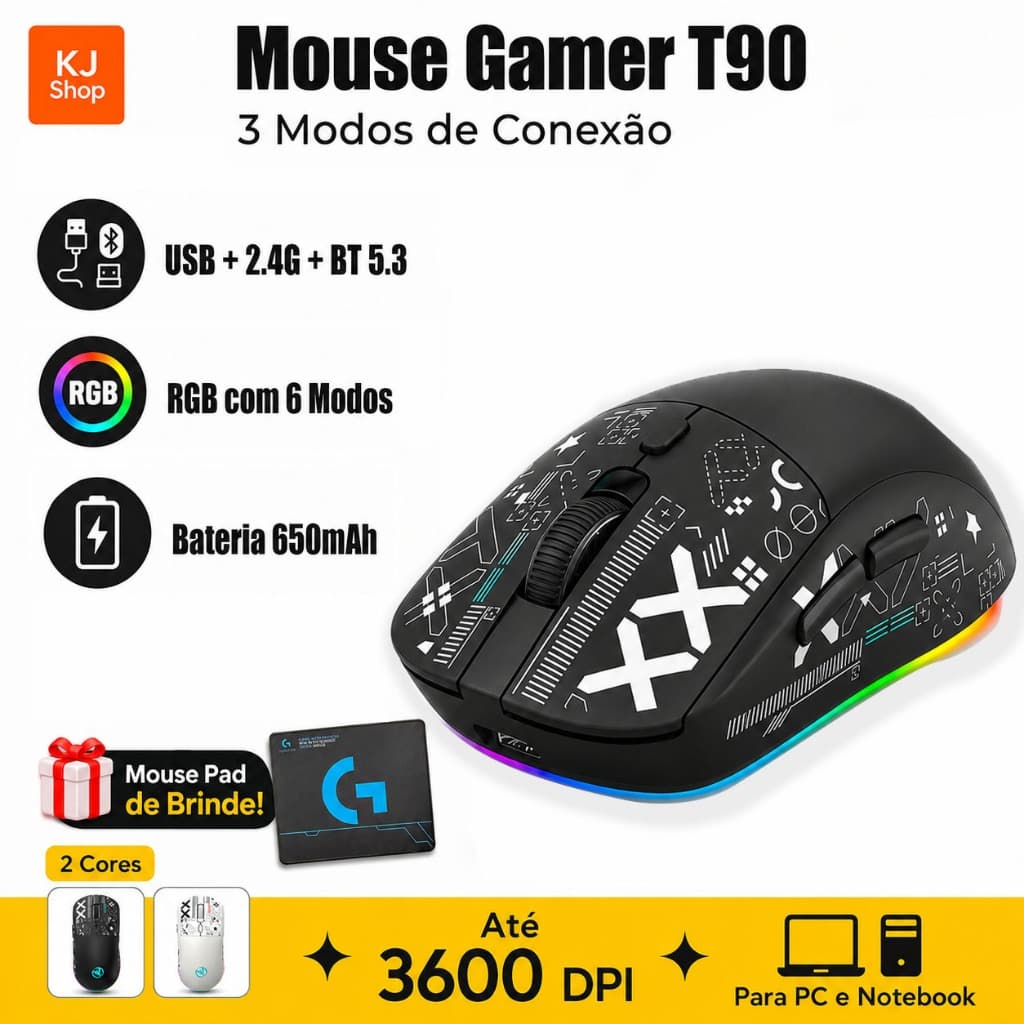 Mouse Gamer T90 Sem Fio Bluetooth 5.3 2.4G RGB Recarregável 3600 DPI USB Ergonômico com Mouse Pad para PC Notebook