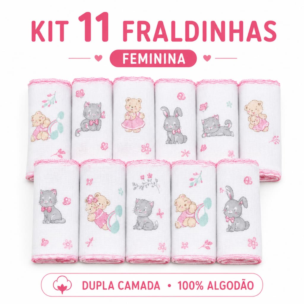 Kit 11 Fraldinhas de Boca Bebê Estampadas 35x35cm Dupla Camada Maternidade Enxoval Luxo