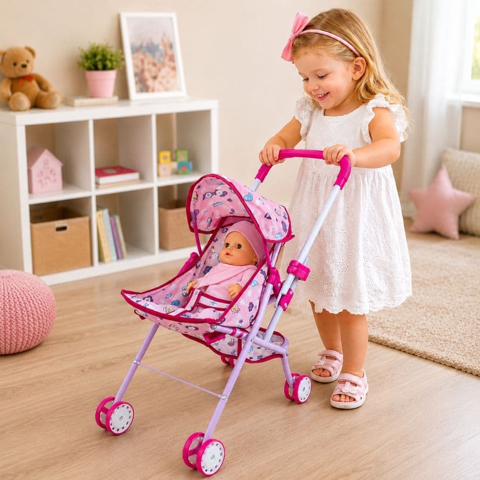 Carrinho de Boneca Dobrável com Capuz Brinquedo Infantil Passeio Bebê Boneca Menina 43218 - Vencedor