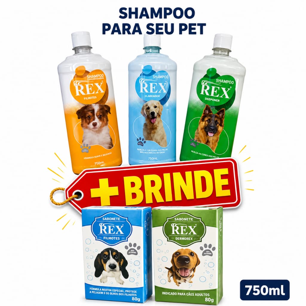 kit c/ 3 Shampoo para Cachorro, dermorex, filhote, branqueador Rex 750ml atacado + BRINDE