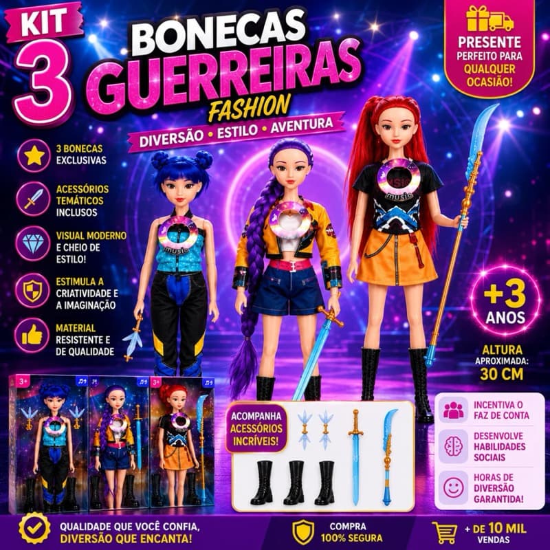 Bonecas Guerreiras KPop Musical  Kit 3 Bonecas Articuladas 30cm
