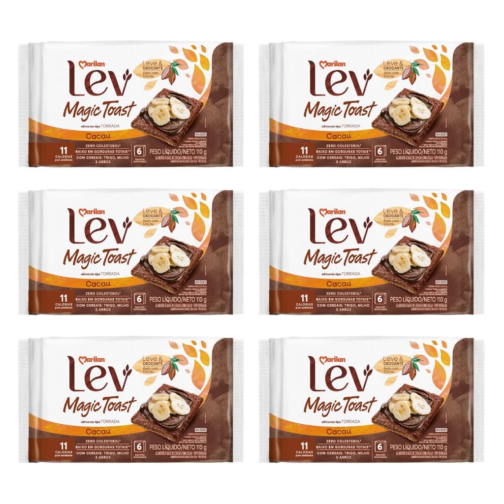 Atacado Torrada Marilan Lev Magic Toast Cacau Cereais 110g | Kit 6, 12 ou 24 Uni | Lanche Saudável