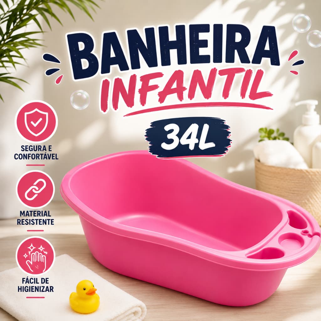 Banheira Infantil Anatômica 34 Litros Grande para Bebê e Criança com Porta Objetos e Suporte para Shampoo