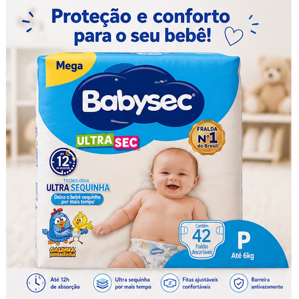 Fralda Babysec Ultrasec P42 Até 6kg Descartável Bebê Alta Absorção Proteção Conforto Premium chá fralda presente pacote