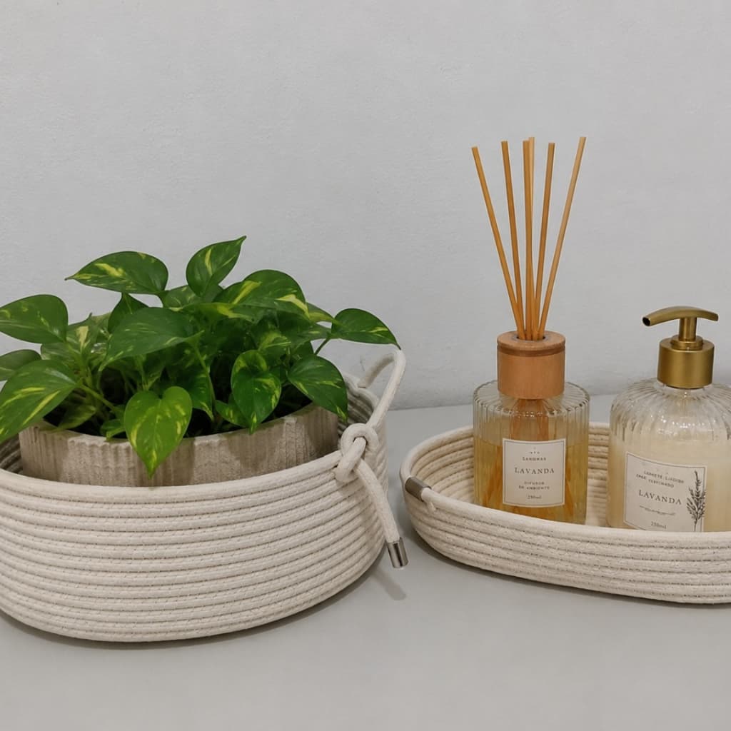 Kit Cesto Organizador Oval + Bandeja Decorativa em Cordão de Algodão Artesanal | Organizador Multiuso para Banheiro, Lav