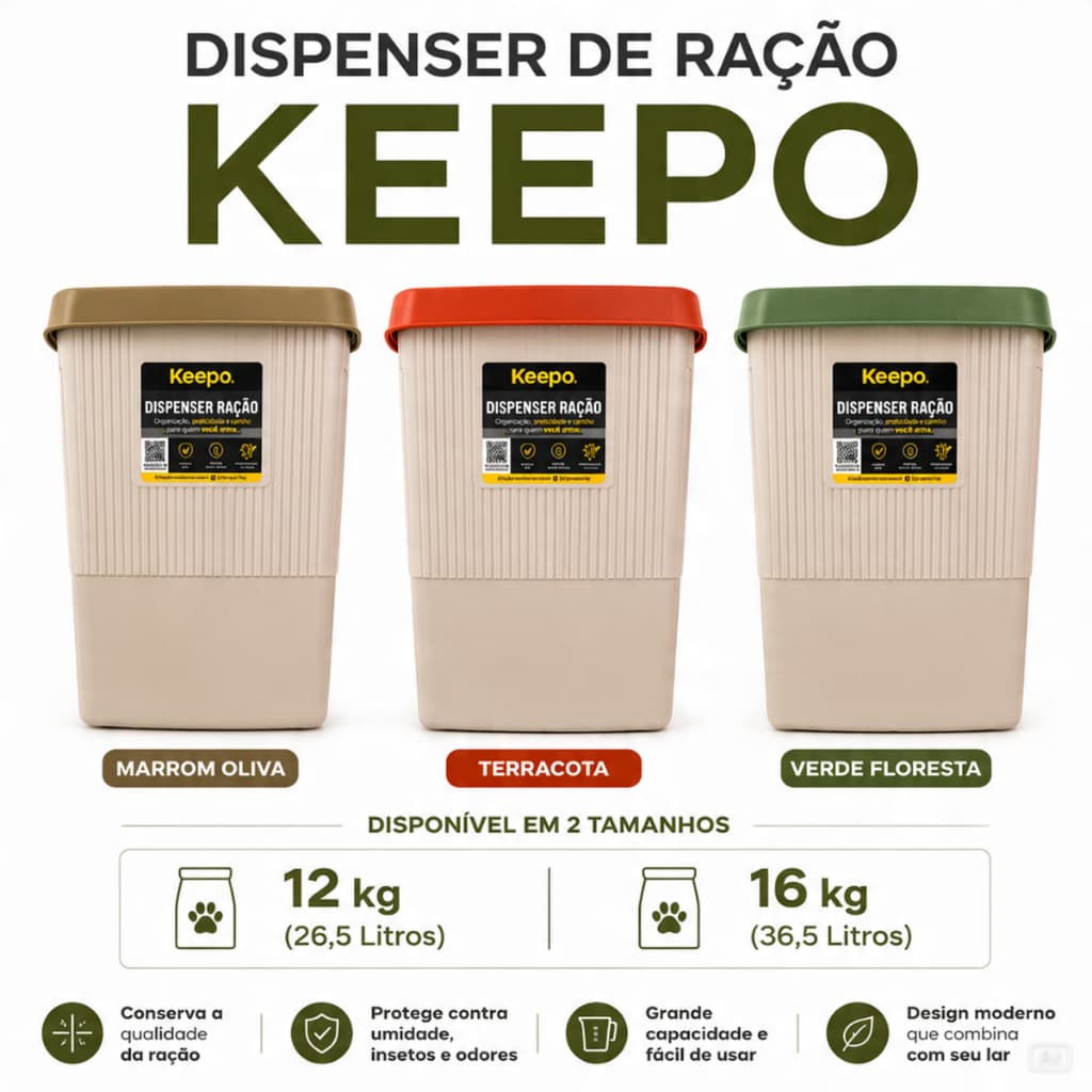 Armazenador de Ração Dispenser  26,5l (até 12kg) Keepo Plast Pet cores Modernas alta cachorro gato