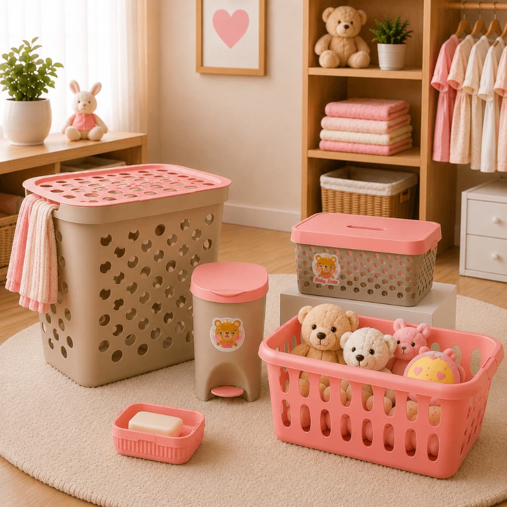 Kit Banho Banheiro Baby Bebê Cestos Roupas Lixeira E Saboneteira Menino Menina Rosa