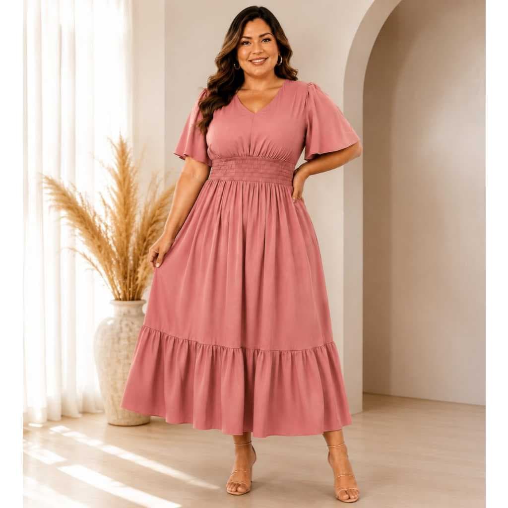 Vestido Plus Size Midi Feminino Confortável com Lastex Ajustável na Cintura Alta Manga Solta Elegante