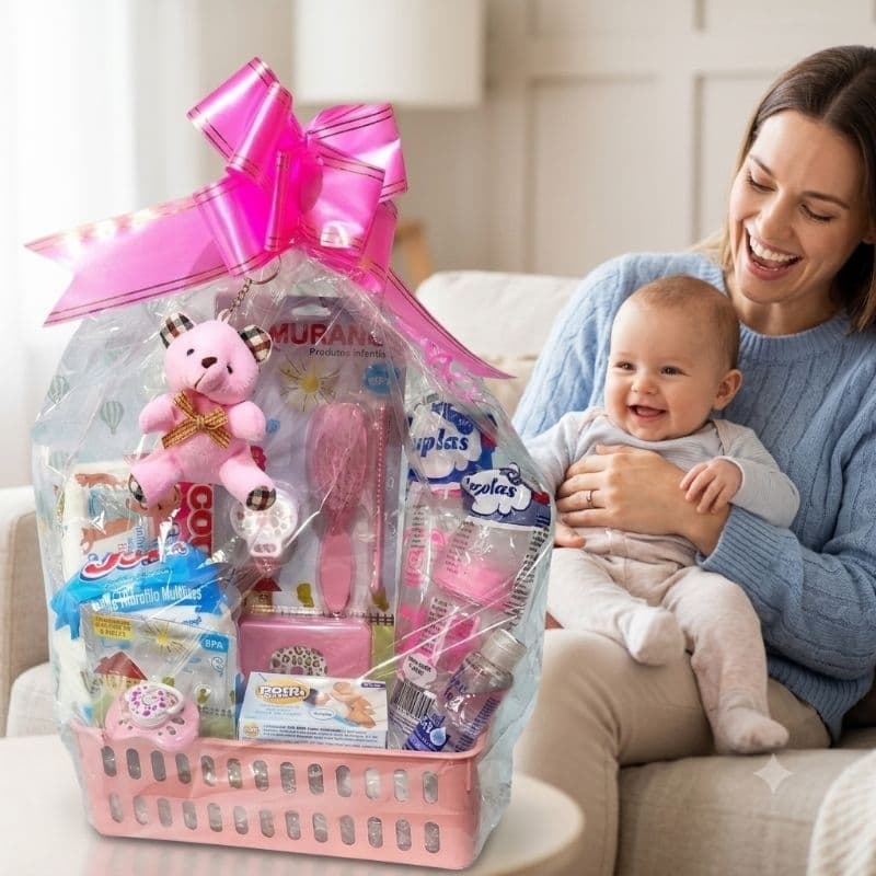 Cesta do bebê Enxoval Presente Cha de Fraldas Maternidade Completa 15 itens Mamadeira 240 ml  lenço presente bebe