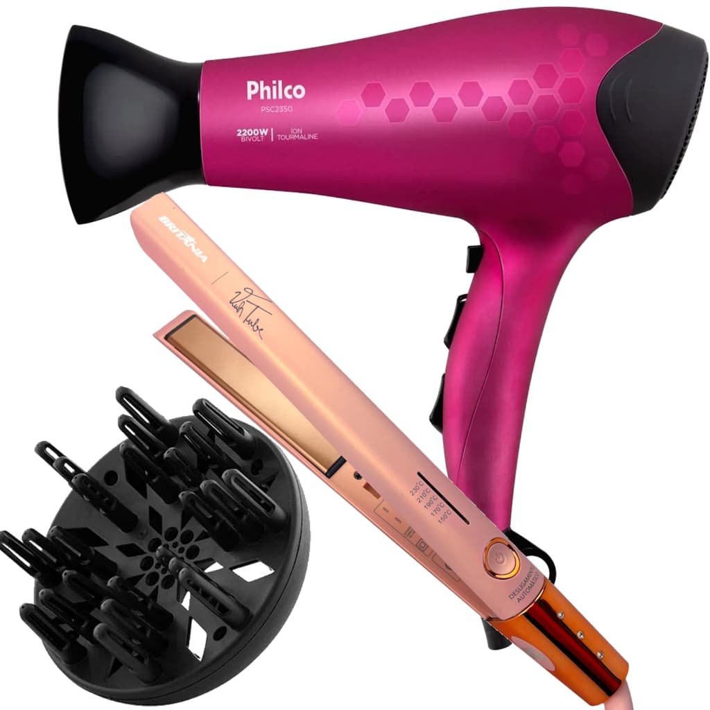 Secador De Cabelo Philco 2200w Profissional Tourmaline Íon Emborrachado Stilo Difusor Prancha Titanium 450f Tube Bivolt