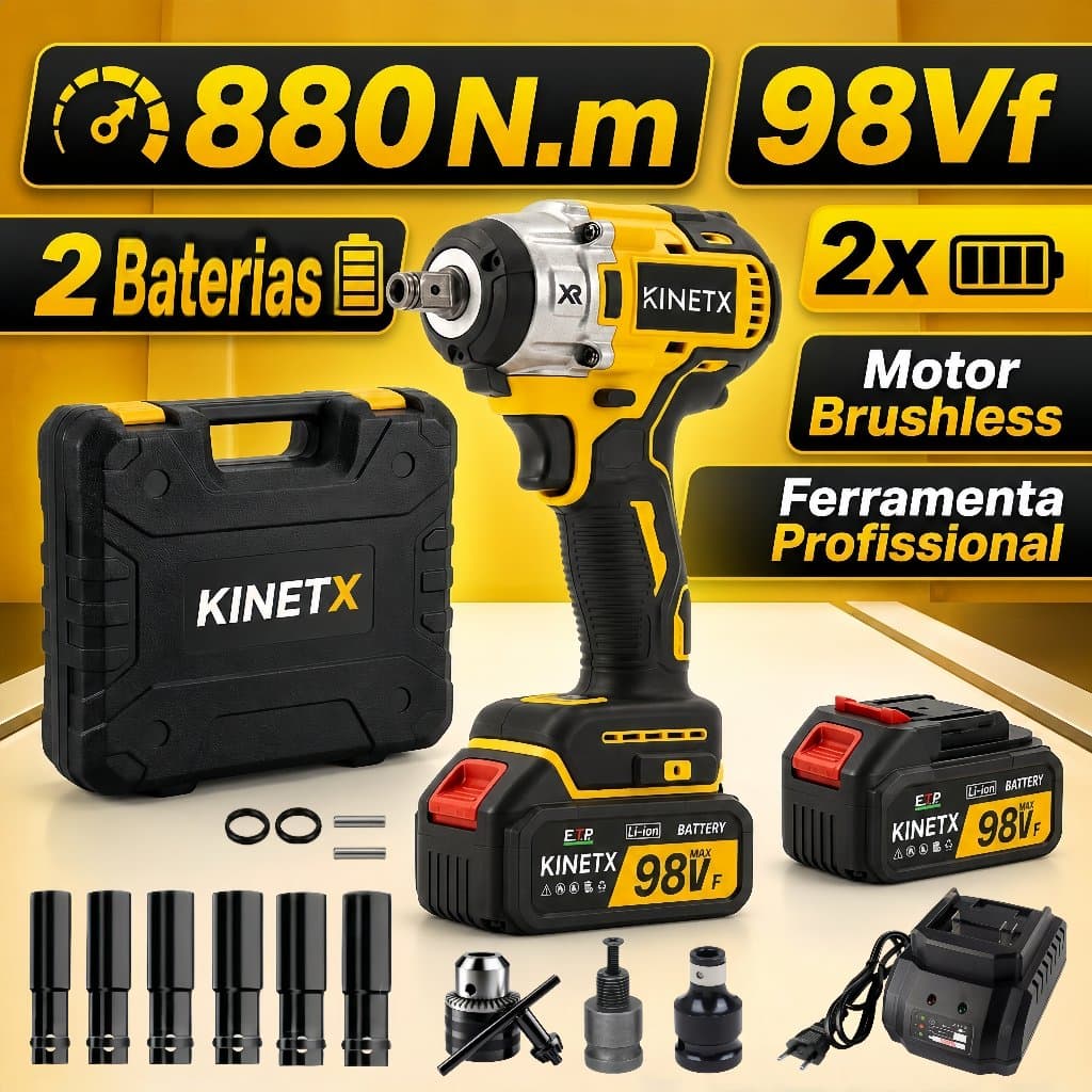 Chave De Impacto A Bateria*2 KINETX 880Nm 98Vf Furadeira Parafusadeira Motor Sem Escovas Bateria Portátil Maleta
