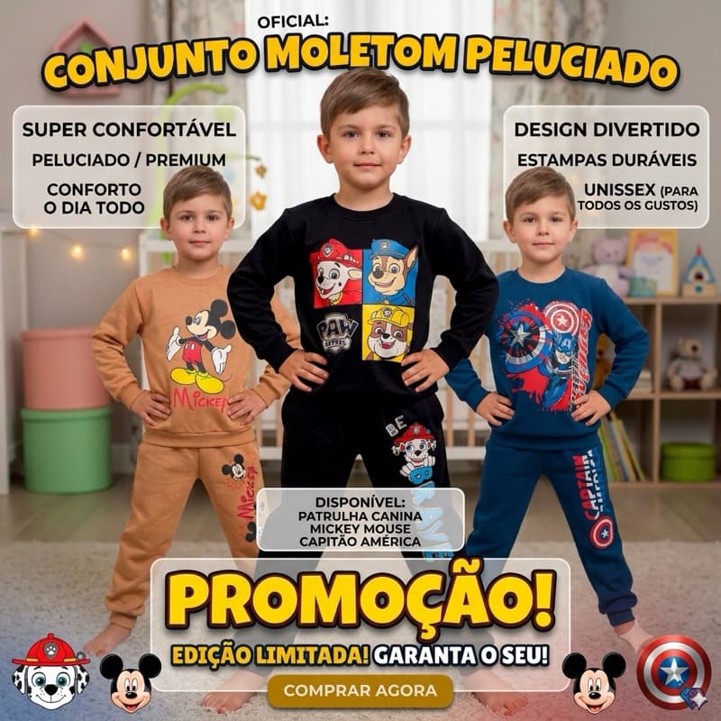 Conjunto Moletom Infantil Peluciado Flanelado Inverno Casaco e Calça Super Heróis 100% Algodão