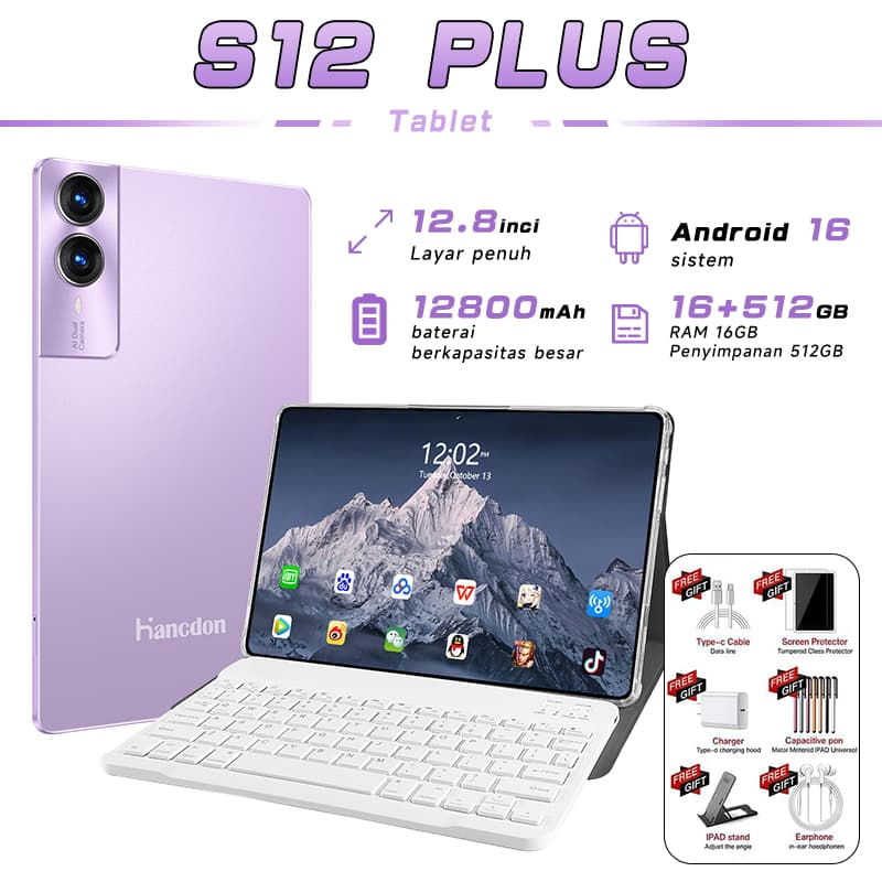 【Teclado e mouse gratuitos】Galaxy Tablet S12 Plus 12.8" 2K FHD+ 16GB RAM 512GB ROM 12800mAh Android 16 Quad Speakers GPS