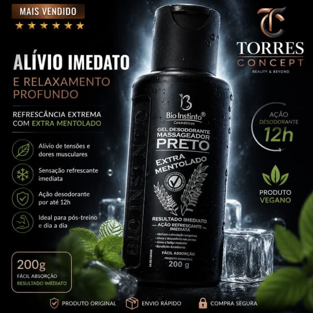 Gel Massageador Preto Extra Mentolado 200g Bio Instinto Alívio Dores Musculares Cansaço Original
