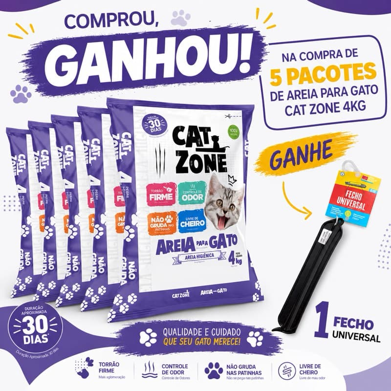 KIT 5 Areia Para Gato Cat Zone - Higiene Sanitária - Torrão Firme - Controle de Odor 4kg