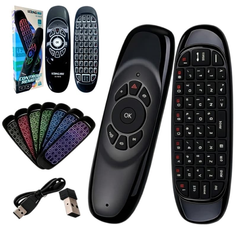 Mini Controle Teclado Air Mouse LE-7679 Sem Fio 2.4G LED Colorido Recarregável Para Smart TV PC Projetor
