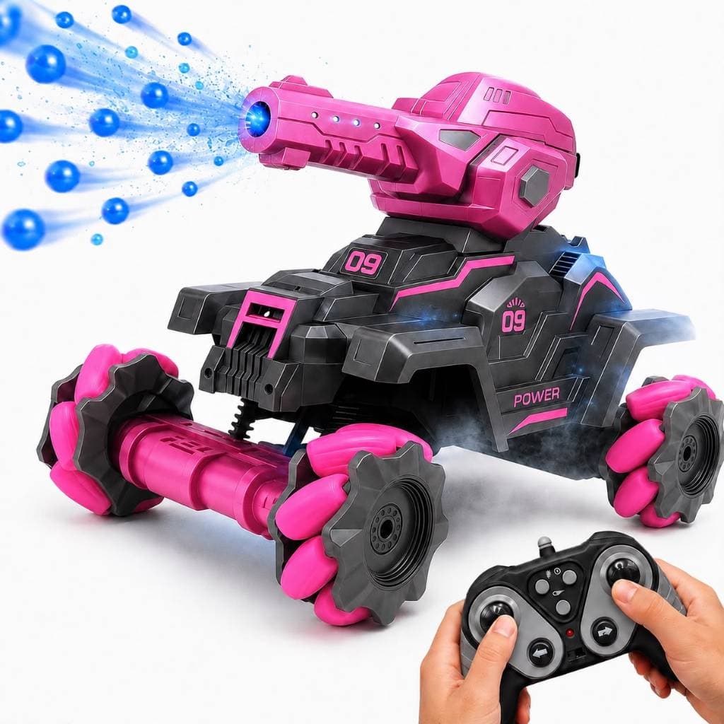 Carrinho Tanque de Controle Remoto com Tiro de Bolinhas de Gel Rodas 360° Rosa  Resistente