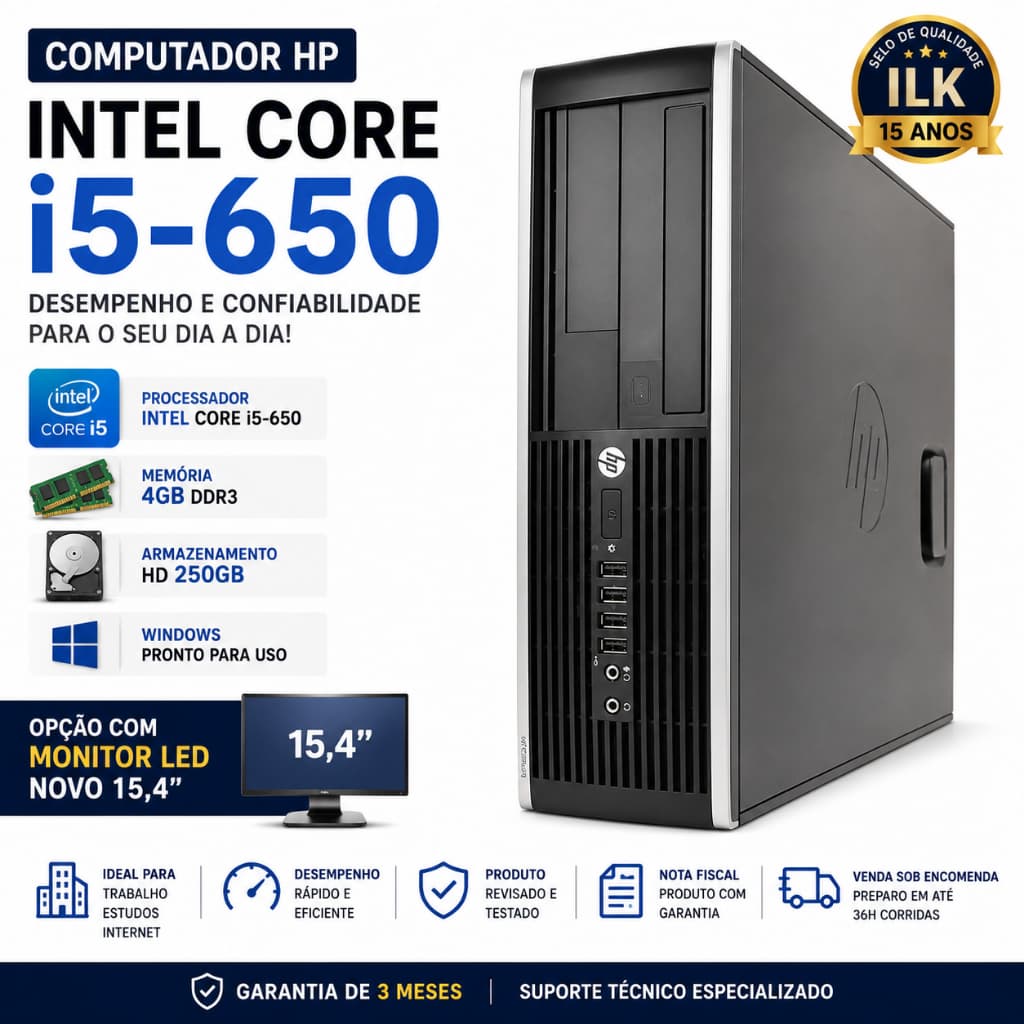 Computador HP Intel Core i5-650 | 4GB RAM | HD 250GB | Com ou Sem Monitor LED Novo 15,4" - 008