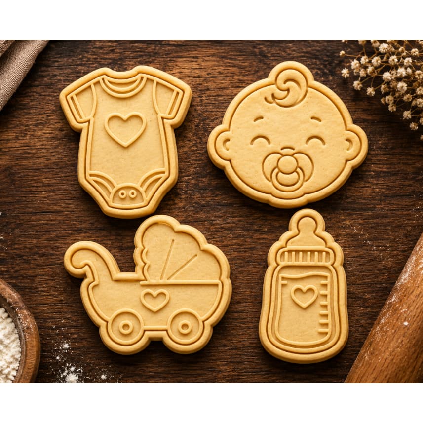Kit Cortadores Chá de Bebê para Biscoito Body Carrinho Mamadeira Rosto de Bebê 4 Peças