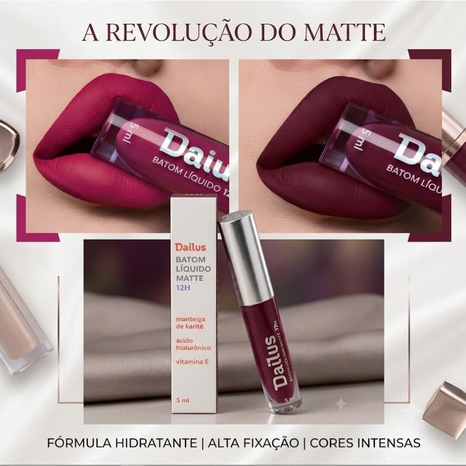 Kit 2 Batom Líquido Matte Dailus Longa Duração 12h Hidratante Ácido Hialurônico Cores Sapatilha e Magenta