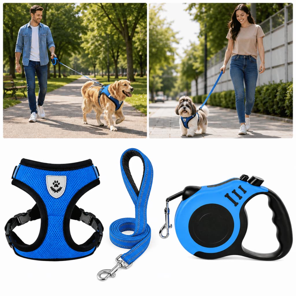 Kit Coleira Peitoral Ajustável com Guia 1,5m + Guia Retrátil 5 metros com trava pets ate 20Kg
