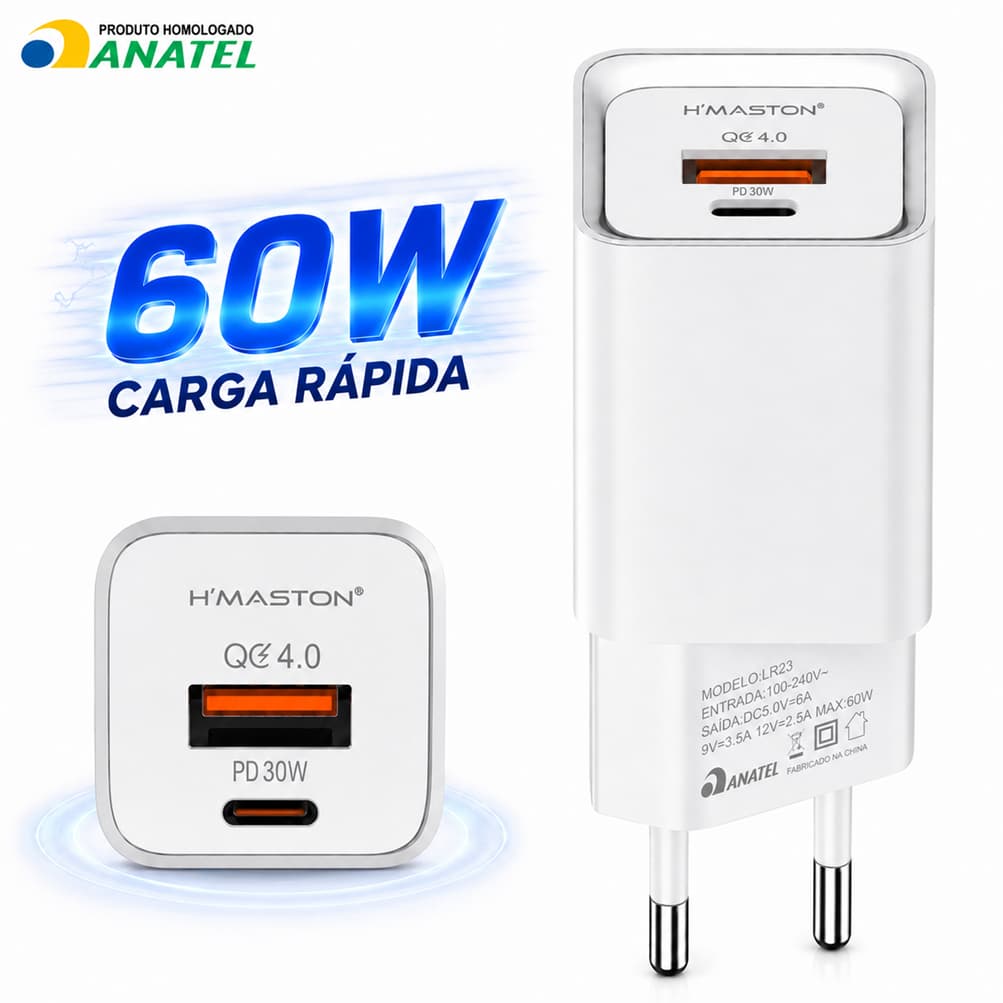 Fonte Carregador Turbo 60W USB e USB-C PD QC4.0 Carga Rápida para Celular Android e iPhone H'Maston LR23-4