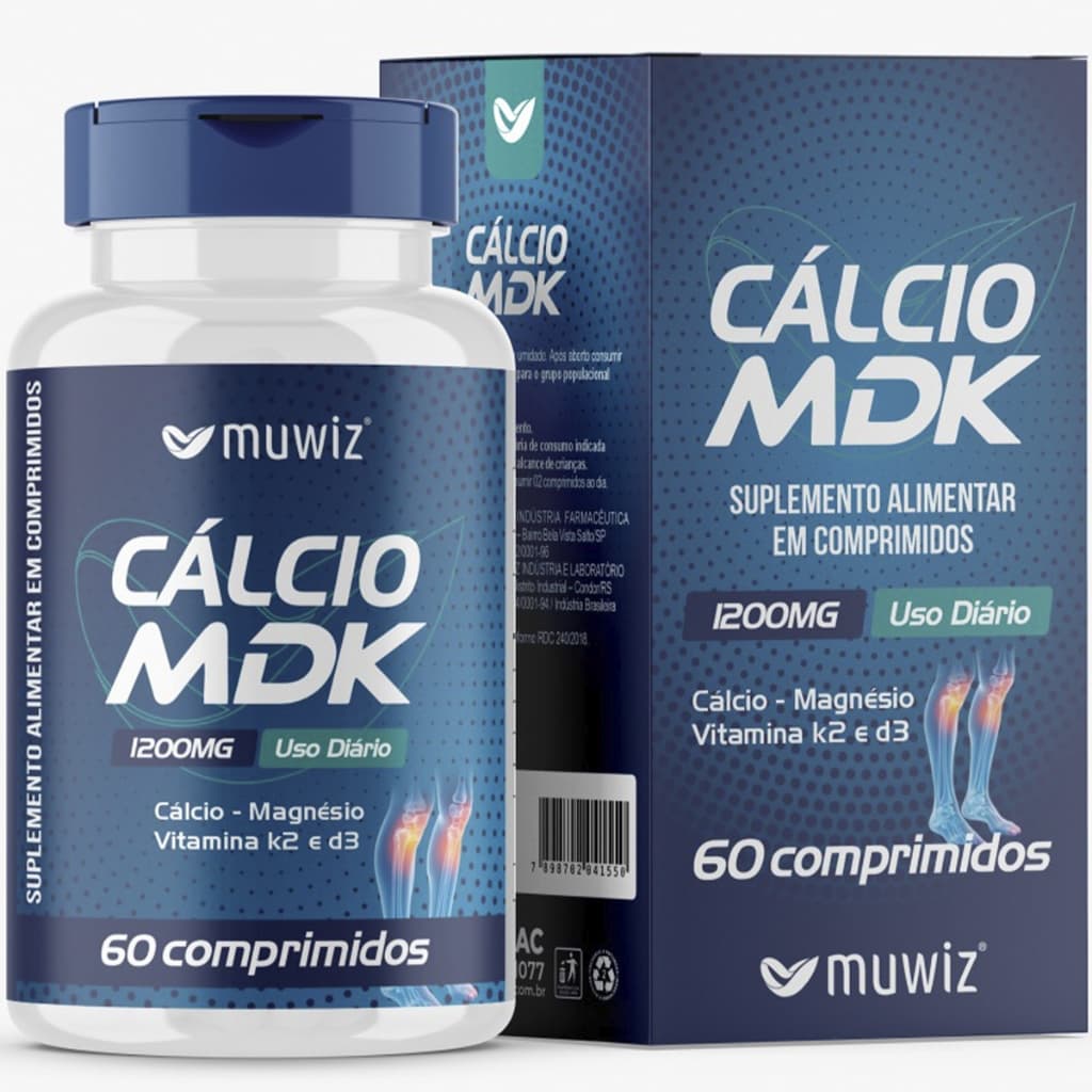 Cálcio + Magnésio + Vitamina K2 + Vitamina D3 - 60 Comprimidos 1200mg - Muwiz