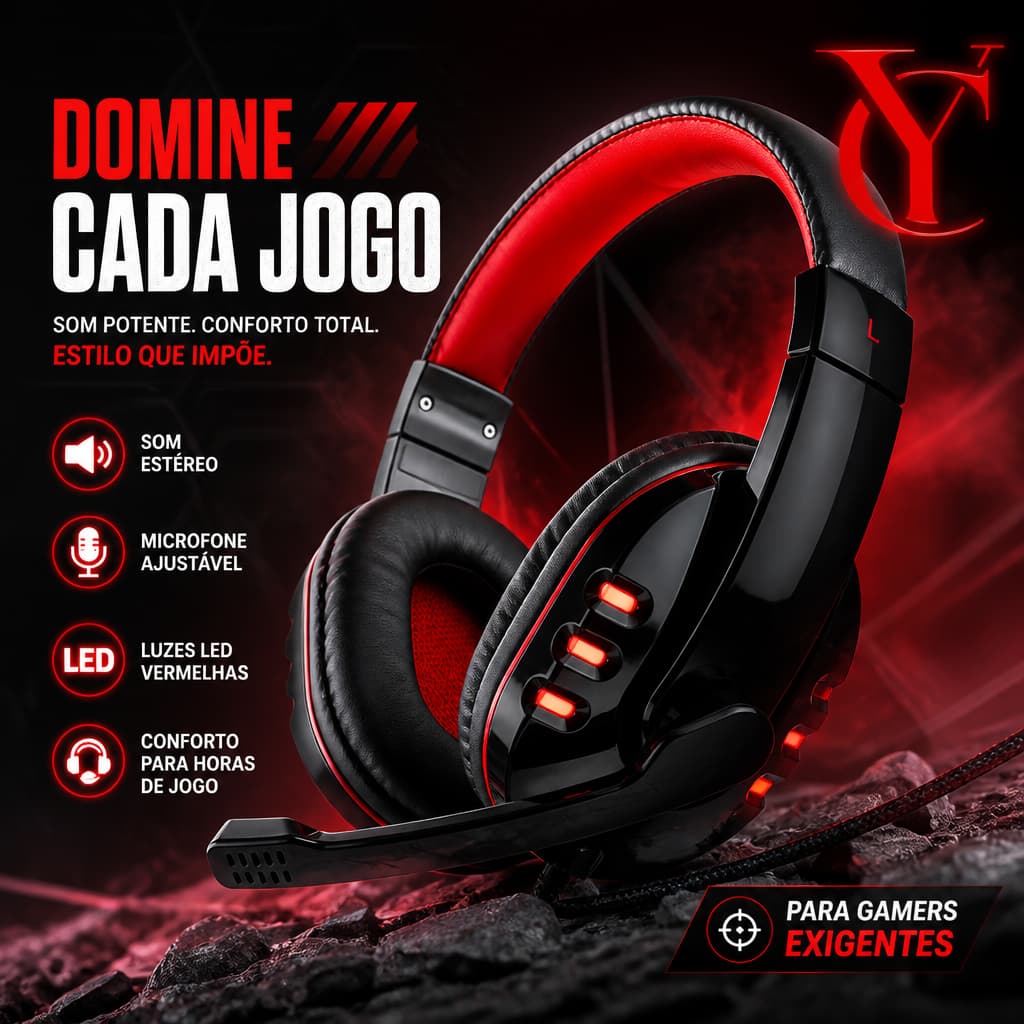 Headset Gamer Over-ear Com Fio Luz LED Microfone Integrado Áudio Estéreo para PC Notebook e Console