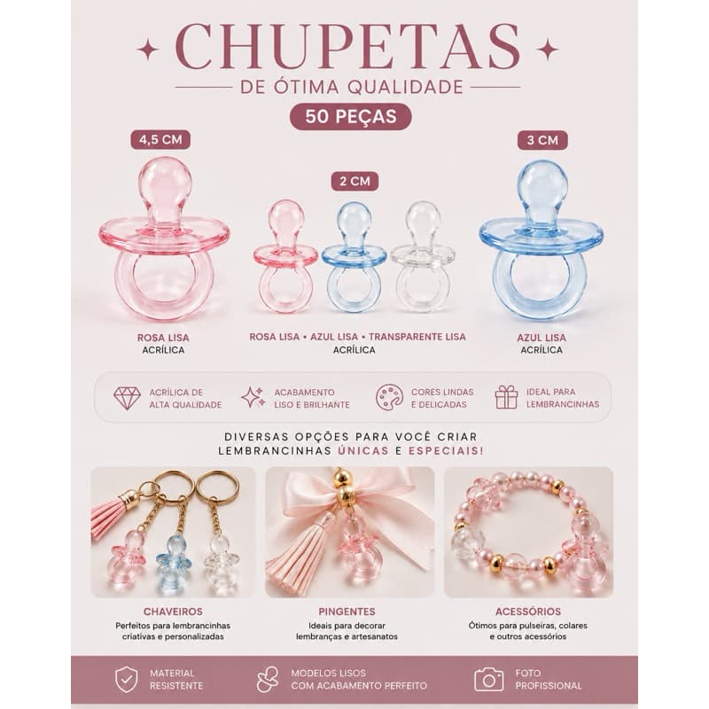50 Chupetas Acrílicas para Lembrancinhas 2cm, 3cm e 4,5cm | Lisa e Lapidada | Rosa, Azul e Transparente