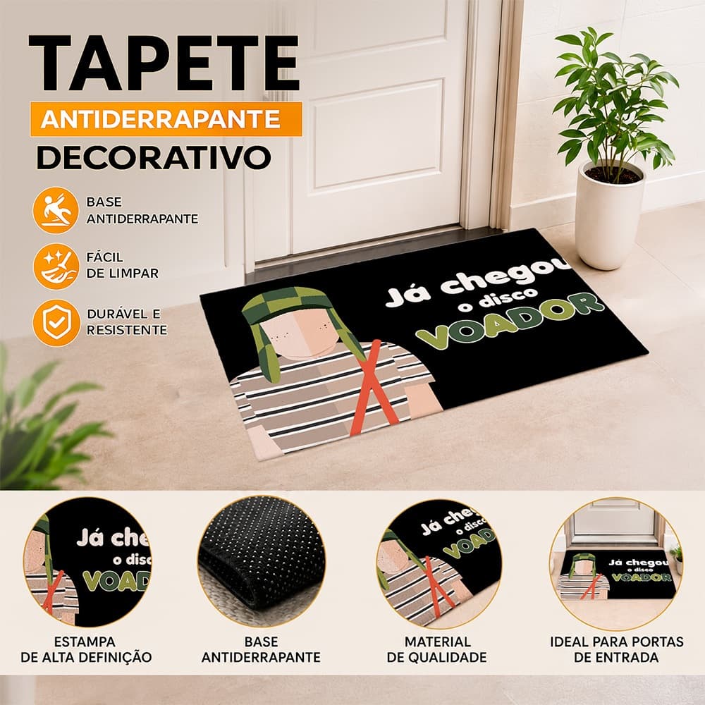 Tapete de Entrada com Frases Divertidas Porta Antiderrapante Decorativo 40x60- CHAVES JÁ CHEGOU O DISCO VOADOR