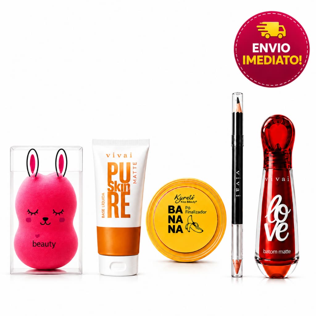 Kit Maquiagem Completo Profissional Base Líquida Batom Matte Pó Banana Esponja para Make