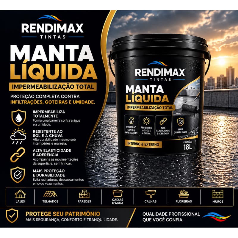 Manta Liquida Emborrachada 18KG e 4KG Rendimax - Hidrorepelente Antimofo Protege Contra Infiltrações
