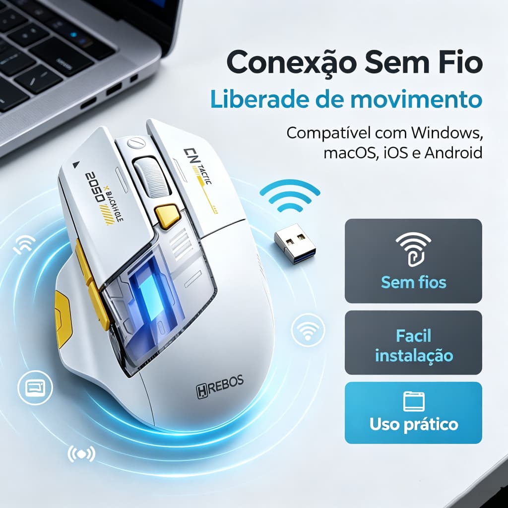 Mouse Gamer Sem Fio Hrebos Mouse Bluetooth Sem Adaptador GlideTrack Ergonômico Recarregável Ajuste DPI Multinível
