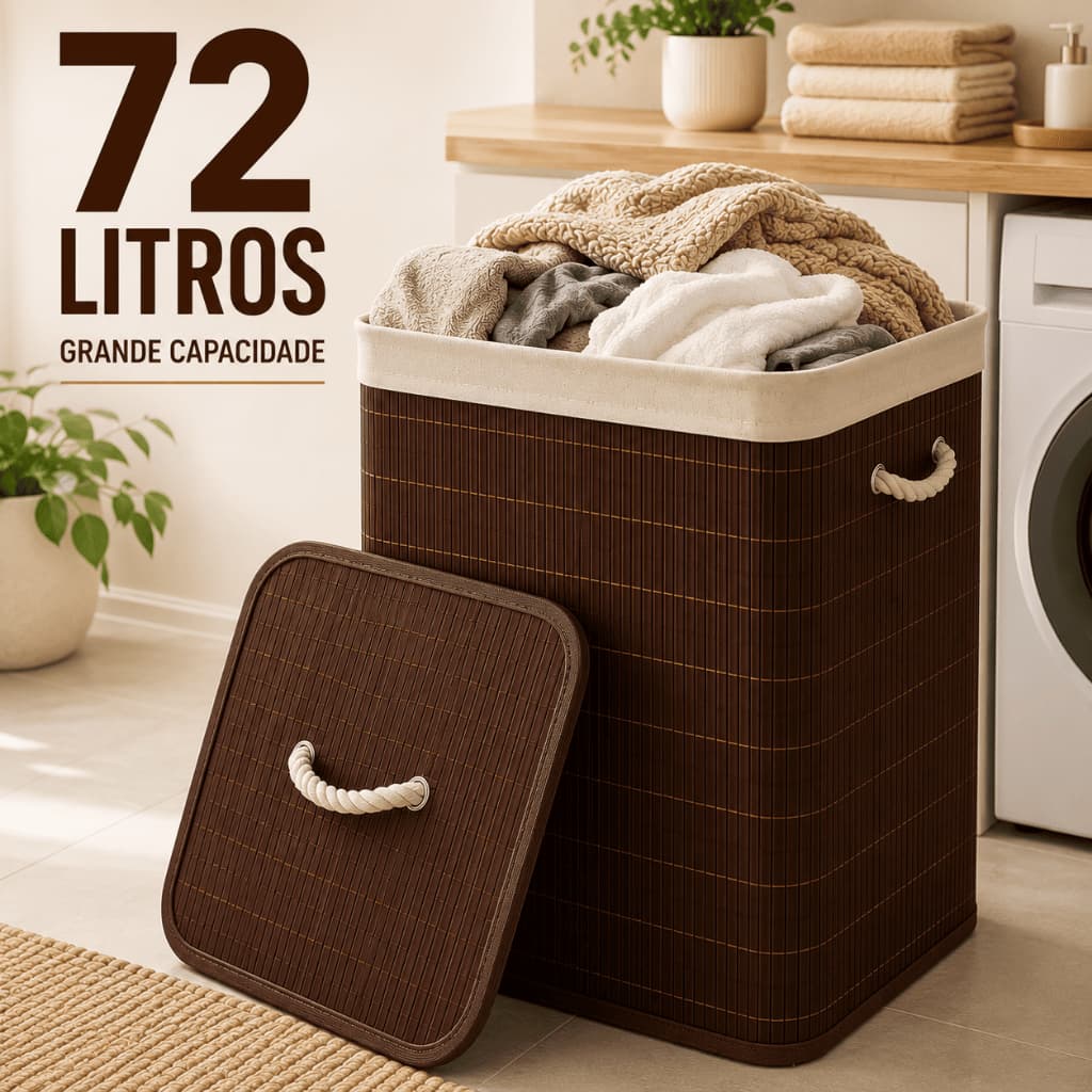 Cesto Organizador de Bambu 72L com Tampa e Alças para Roupas Lavanderia Quarto Banheiro Marrom
