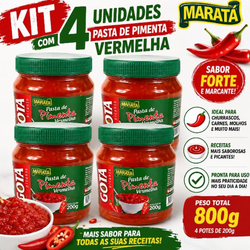 Kit 4 Pastas de Pimenta Vermelha Maratá 200g cada | Molho de Pimenta Forte | Ideal para Temperos e Receitas