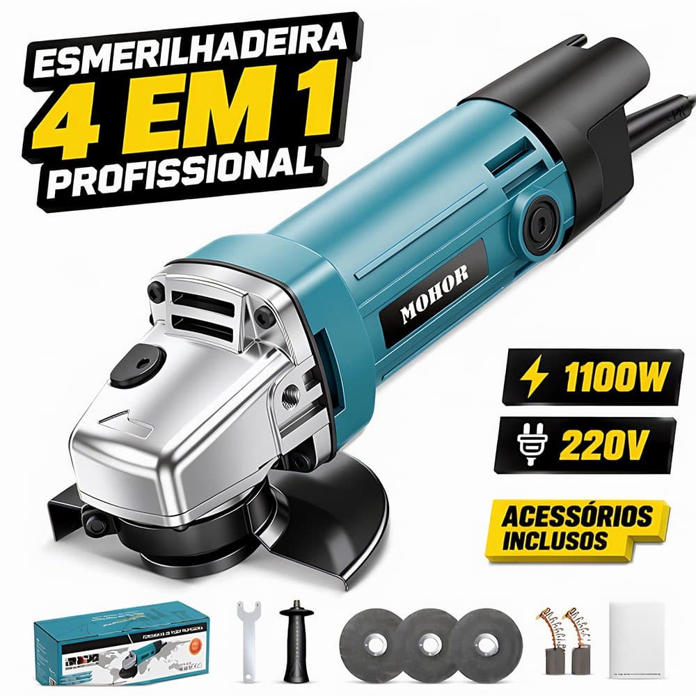 MOHOR Esmerilhadeira Angular Elétrica 220V 1100W Profissional Disco 115mm Alta Potência Para Corte e Desbaste