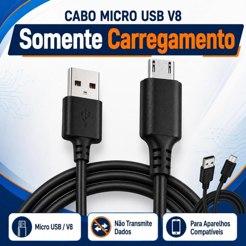 Cabo Micro USB V8 Somente Carregamento Não Transmite Dados Para Aparelhos Compatíveis Não É USB-C